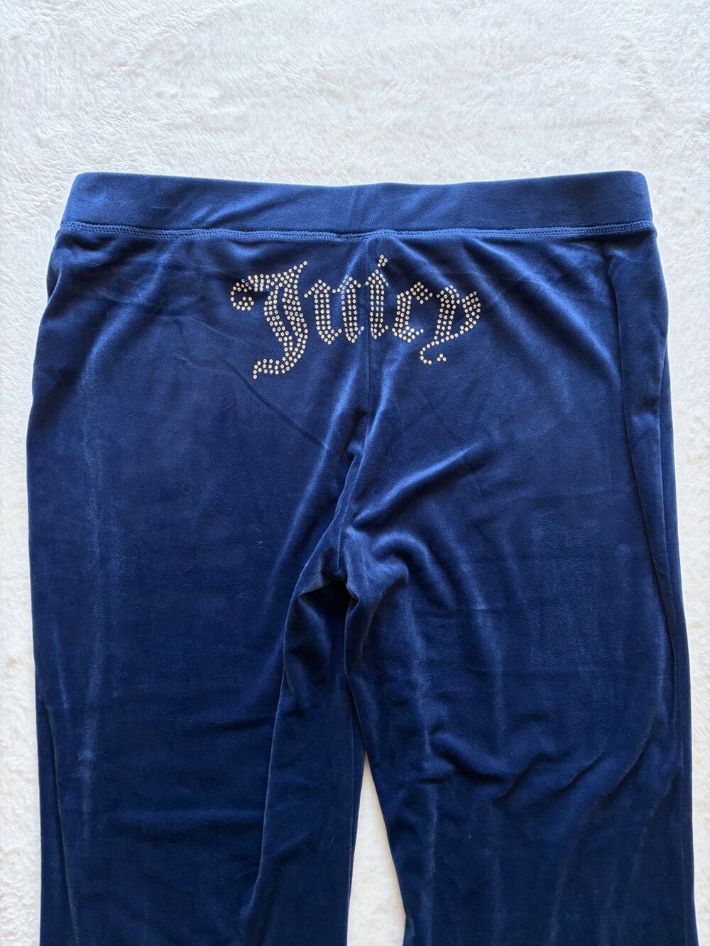 Juicy Couture Velour Track Pants Women’s L Navy Blue Rhinestone Y2K Low Rise
